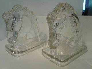 Vintage Federal Clear Glass Heavy Hollow Horse Head Bookends
