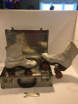 Vintage White Leather Chicago Roller Skates With Case And Wrenche