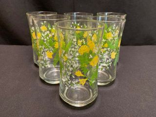 Set Of 6 Vintage Yellow,  Green,  White Floral Glass Tumblers 5 1/4 " Tall