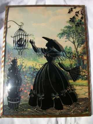 Vintage Silhouette Picture Convex Glass Southern Belle Garden Girl W Bird Cage