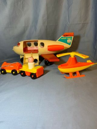 Vintage Fisher Price Little People Airplane Helicopter Jet Fuel Cart W/ Lp Man