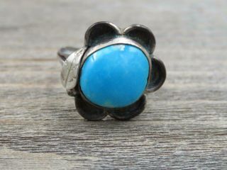Vintage Navajo Sterling Silver Turquoise Flower W/ Feather Ring Sz 7.  25