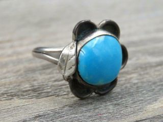 Vintage Navajo Sterling Silver Turquoise Flower w/ Feather Ring Sz 7.  25 2