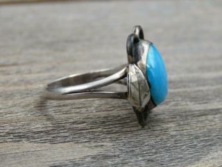 Vintage Navajo Sterling Silver Turquoise Flower w/ Feather Ring Sz 7.  25 3