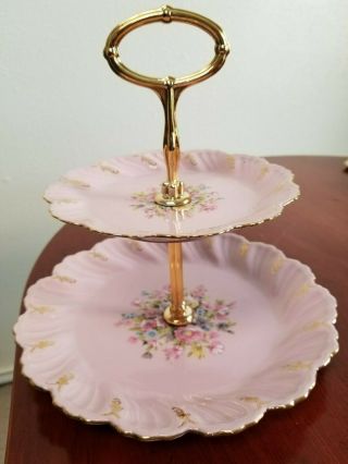 Vintage Pink Porcelain 2 - Tier Stand Server From Former Czechoslovakia