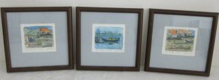 3 Vtg Miniature Fishing Village Boat Signed Hand Colored A/p Etchings Framed 7x7