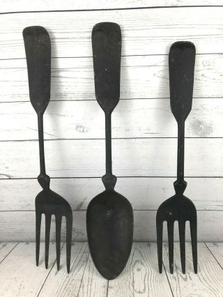 Vintage Large Black Metal Forks And Spoon Wall Hanging Mid - Century Marked Ddc