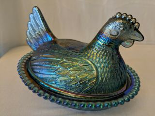 Vintage Blue Iridescent Carnival Glass Chicken Hen On Nest Dish Bowl