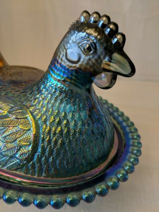 Vintage Blue Iridescent Carnival Glass Chicken Hen on Nest Dish Bowl 2