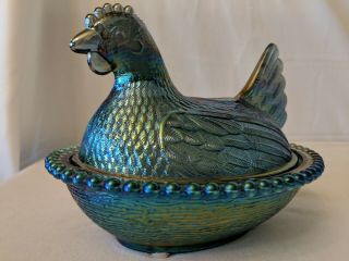 Vintage Blue Iridescent Carnival Glass Chicken Hen on Nest Dish Bowl 3