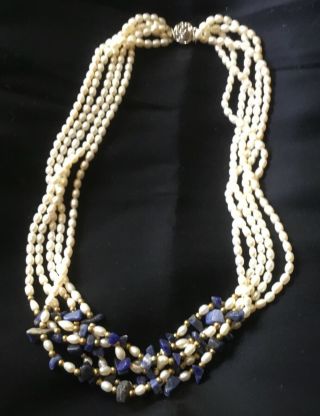 Vintage 18” Ten Strand Freshwater Pearl With Lapis Lazuli & Rose Clasp Necklace
