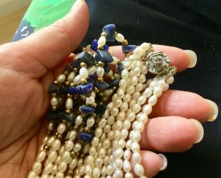 Vintage 18” TEN STRAND Freshwater Pearl with Lapis Lazuli & Rose Clasp Necklace 2