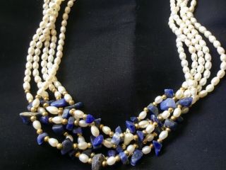Vintage 18” TEN STRAND Freshwater Pearl with Lapis Lazuli & Rose Clasp Necklace 3