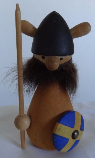 Vintage Mid Century Signed Made In Sweden Wood Viking Warrior 4.  75 " Figurine