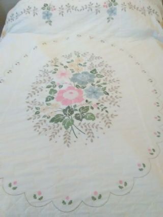 Vintage Hand Stitched Quilt Needlepoint Flower Design Embroidery 94 " X 100 "