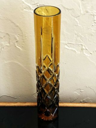Vtg Ajka Bohemian Cut To Clear Amber Gold Color Crystal Cylindrical Flower Vase