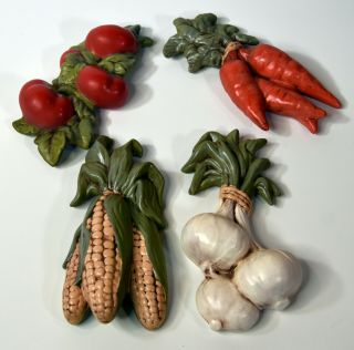 Set 4 Vintage Ceramic Vegetables Hand Painted Wall Decor Tomatoes Garlic Corn