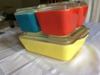 Vintage Pyrex Primary Colors Refrigerator Dish 8 Pc Set W/ Lids Yellow Blue Red