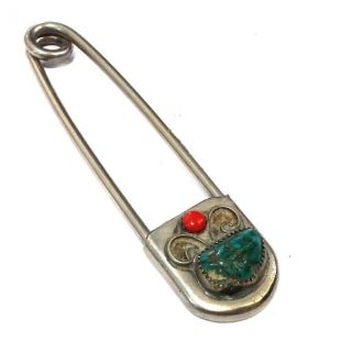 Vintage 3.  625 " Large Sterling Silver Safety Pin Turquoise Coral Cabochon Stones