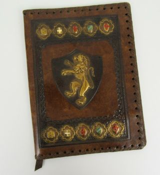 Vintage Italian Tooled Leather Book Cover With Embossed Lion Coat Of Arms