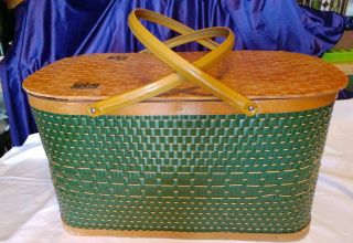 Vintage Green & Brown Picnic Basket Perhaps A Burlington Hawkeye