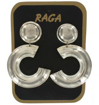 Large Raga Silver Tone Dangle Pierced Earrings Vintage