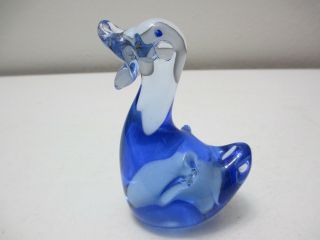 Vintage Art Glass Hand Crafted Duck Figurine Solid Glass Blue 3 1/4 " Tall