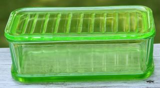 Vintage Green Depression Vaseline Glass Ribbed Refrigerator Loaf Dish W/lid