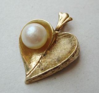 Fine Vtg 14k Yellow Gold 6.  3mm South Seas Pearl Heart Shaped Necklace Pendant