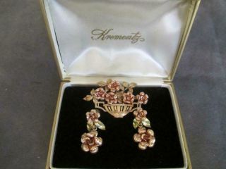Vintage Signed Krementz Figural Flower Basket Pin Brooch Matching Earrings Box