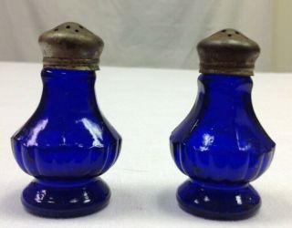Vintage Japan Cobalt Blue Ribbed Glass Salt & Pepper Shakers 2 In Tall