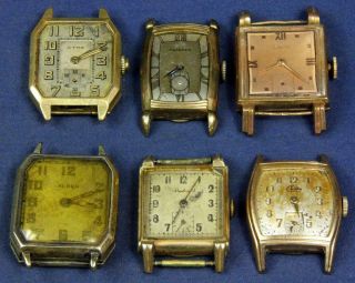 F 12.  6 Vintage Gents Wrist Watches 3 In G.  F.  Cases & 3 In Gold Electroplate Ca