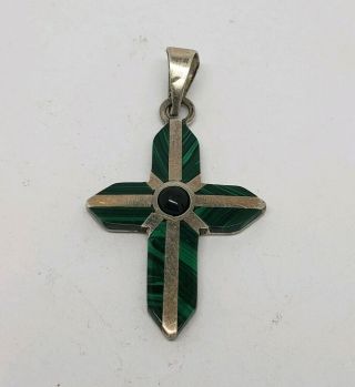 Vintage Mexico Sterling Silver Malachite And Onyx Cross Pendant