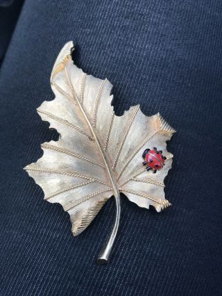 Vintage Trifari Gild Tone Leaf W/ Red Ladybug