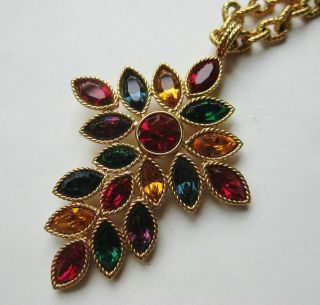 Vtg Napier Gold Cross Marquise Rhinestone Designer Pendant Necklace & Chain