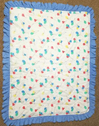 Vintage Baby Blanket Crib Quilt White Balloons Blue Ruffle Trim Reversible
