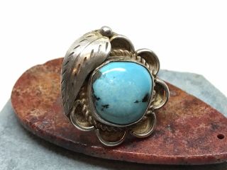 Vintage Old Pawn Navajo Sterling Silver Blue Turquoise Feather Ring (sz.  5)
