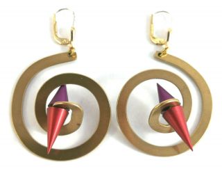 Earrings Mcm Vintage Mid Century Modernist Abstract Brass Red Purple Silver Hook