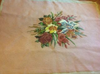 Vintage Needlepoint Chair Seat Cover Roses Flowers Large Size 29 By 22 Soft Pink