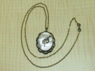 Vintage Sterling Silver Jewelry Necklace Mother Of Pearl Locket Pendant Vermeil