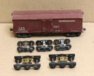 Vintage 2 - Rail O Scale Prr Boxcar And 2 - Rail Passenger And Freight Trucks