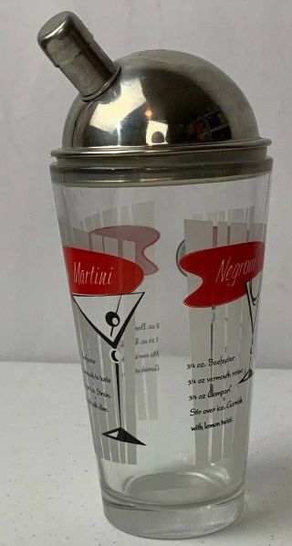 Vintage Martini Shaker Glass Mixer Strainer With Drink Recipes
