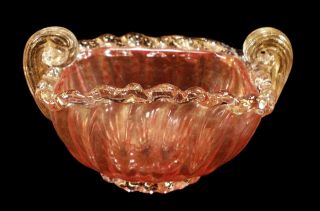 Vintage Venetian Italian Murano Art Glass Bowl Pink Spots Gold Hollywood Regency
