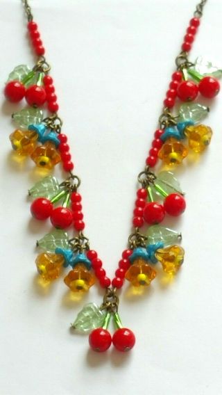 Czech Cherry And Yellow Flower Glass Bead Necklace Vintage Deco Style