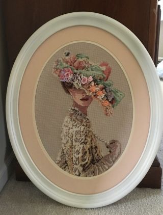 Framed Miniature Silhouette Needlepoint Oval Woman In Hats Vintage