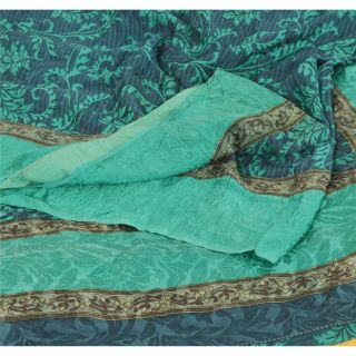 Sanskriti Vintage Blue Saree Pure Crepe Silk Printed Woven Sari Craft Fabric