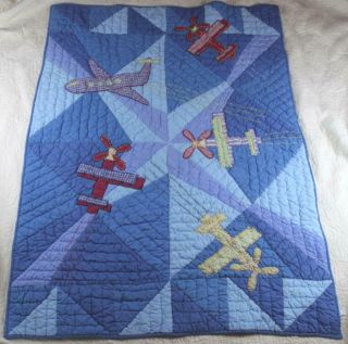 Pottery Barn Kids Baby Crib Blanket Quilt Vintage AIRPLANES Blue 2