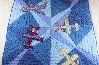 Pottery Barn Kids Baby Crib Blanket Quilt Vintage AIRPLANES Blue 3