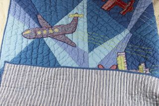 Pottery Barn Kids Baby Crib Blanket Quilt Vintage AIRPLANES Blue 4