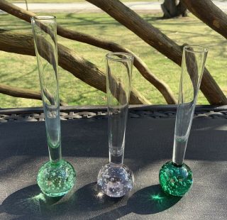 Set Of 3 Vintage Bud Stem Art Glass Vases Controlled Bubble Paperweight Bases